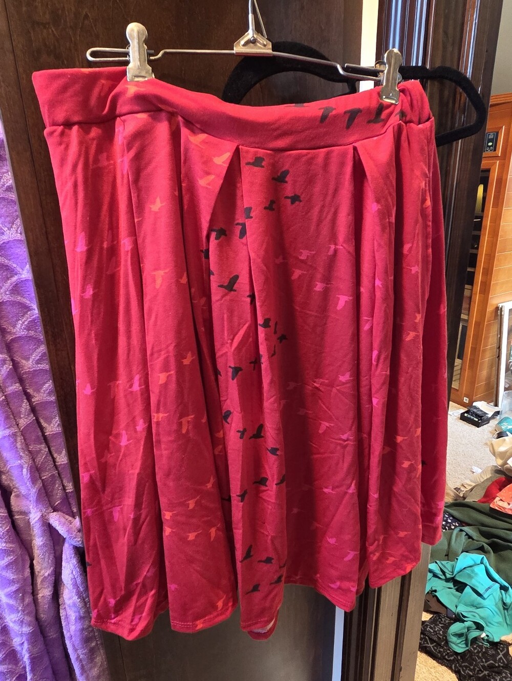 LuLaRoe Madison L Red Circle Skirt with Bird Print